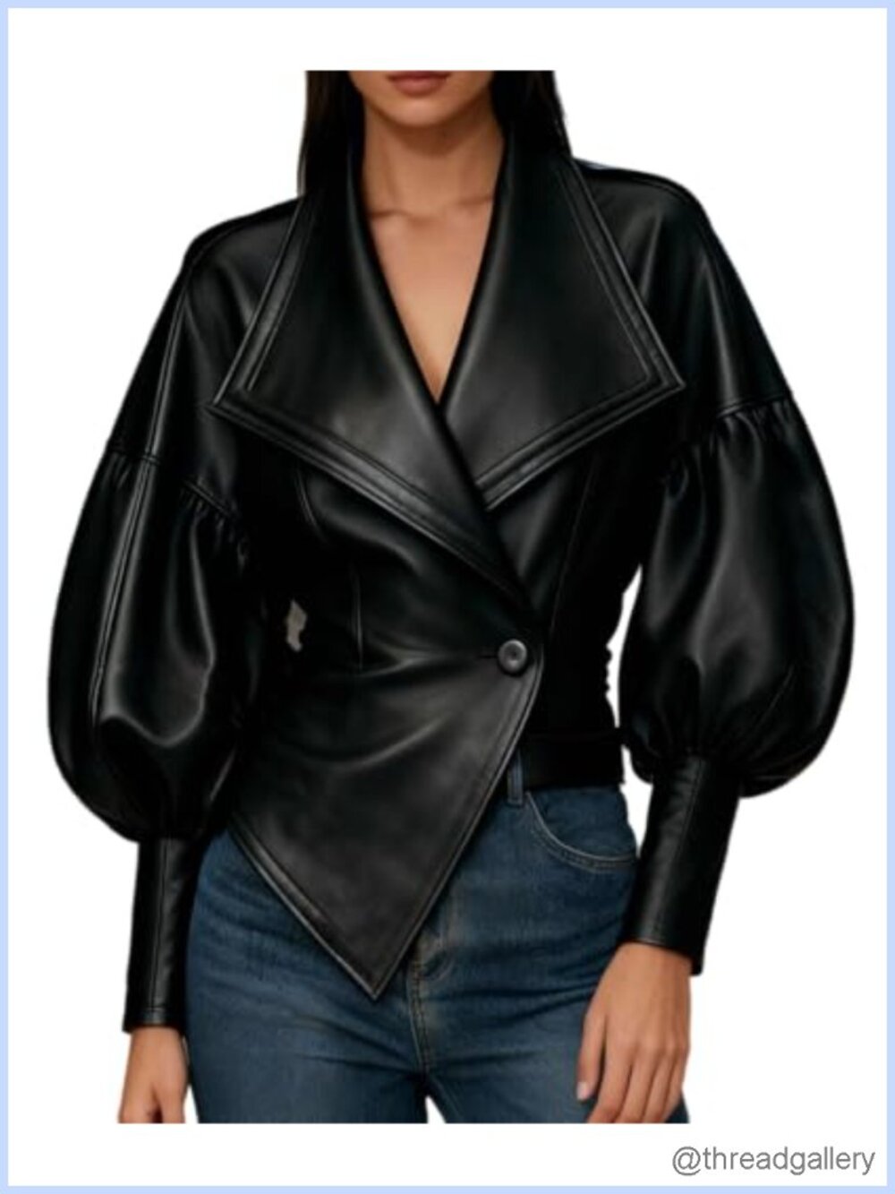 Cropped Faux Leather Jacket Women Puff Sleeve Lapel Single Button Bomber